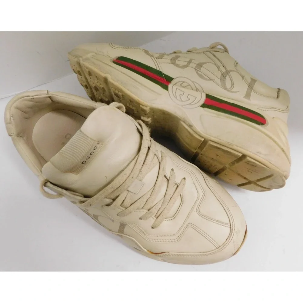 Gucci Rhyton Ivory Leather Logo Sneaker Men's Athletic Shoes 500877 sz 7.5